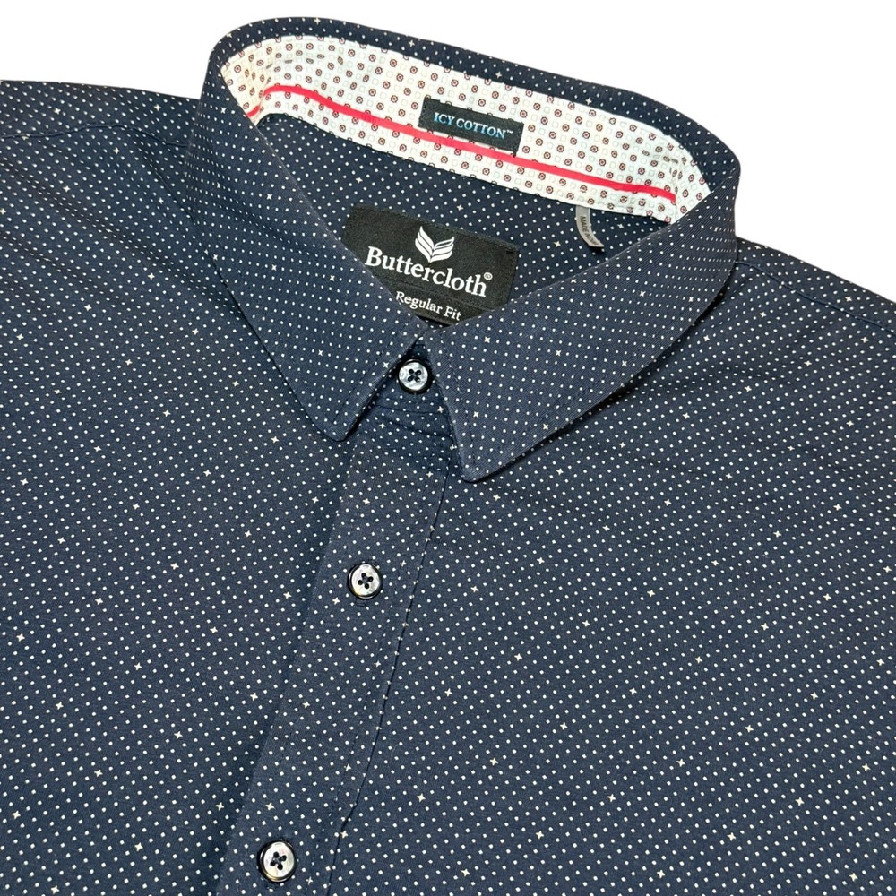 Buttercloth Icy Cotton Mens 3XL Regular Fit Navy Blue Geo Short Sleeve Button Up